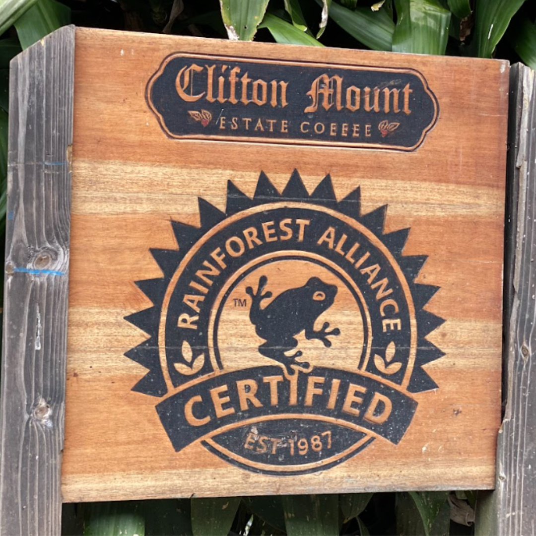 A wooden sign at the entrance of Clifton Mount Estate. The sign shows that the coffee is Rainforest Alliance Certified since 1987