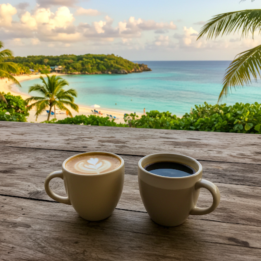 Two cups of quality Jamaican coffee on a wooden table overlooking a Jamaican beach. One coffee is black, one with milk