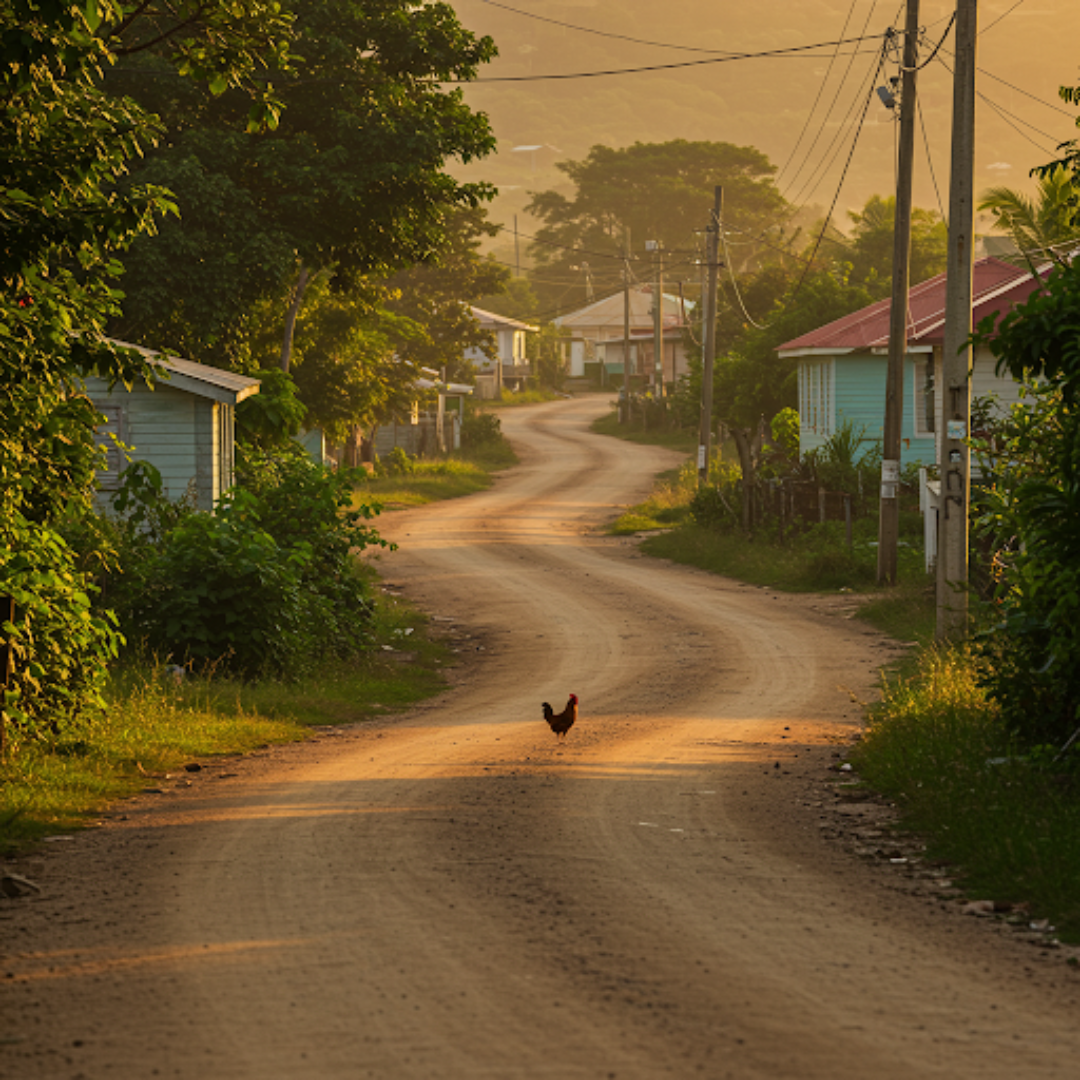 A dusty Jamaican street with a chicken in the middle of it