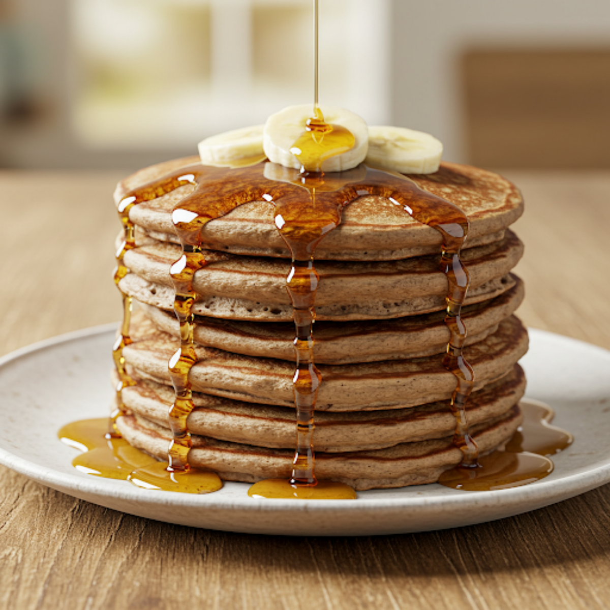 A stack of premium quality coffee and banana pancakes drenched in syrup