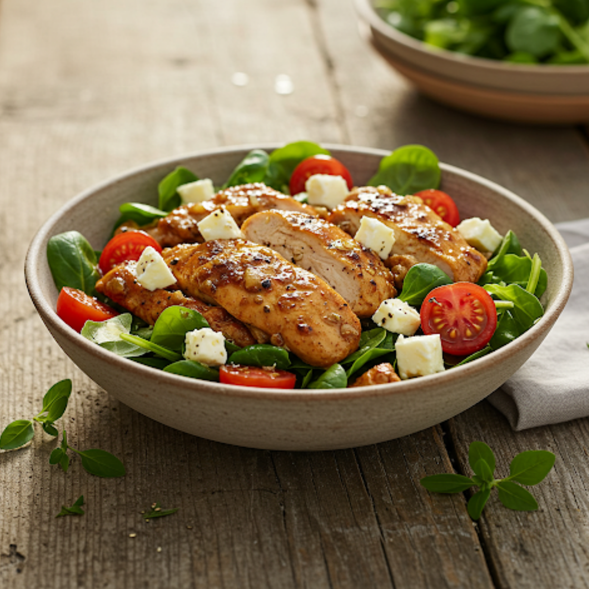 Jamaican coffee-rubbed chicken salad with fresh greens and cheese