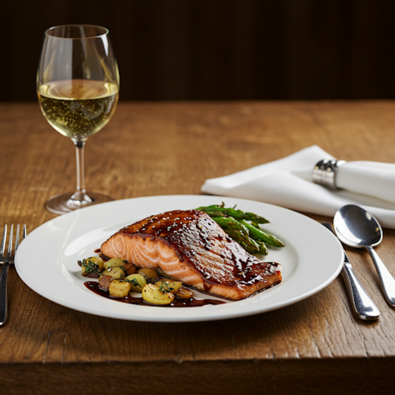 Plated salmon with a Jamaica espresso glaze served with vegetables and a glass of white wine