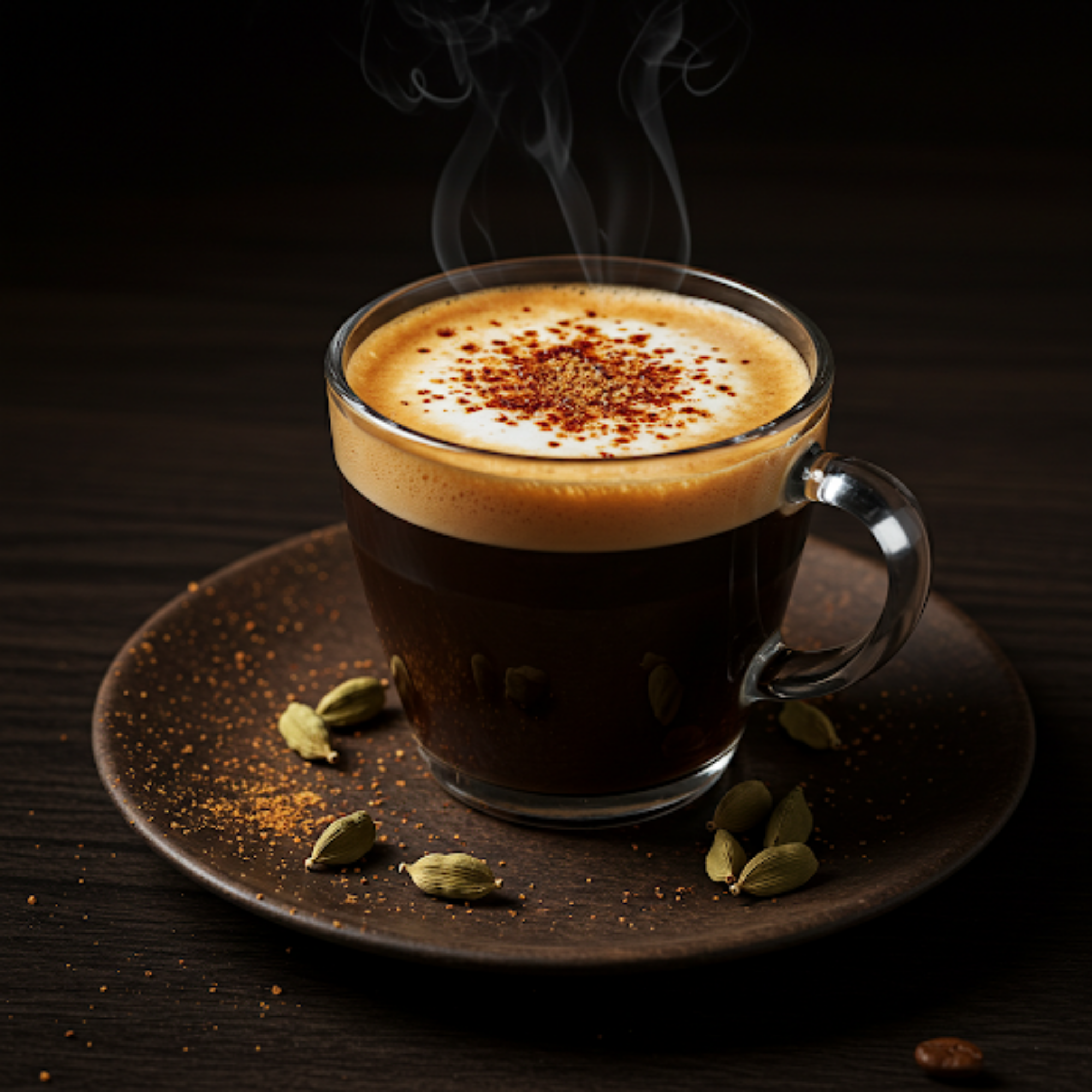 A cup of spiced honey cardamon coffee made with Jamaican coffee