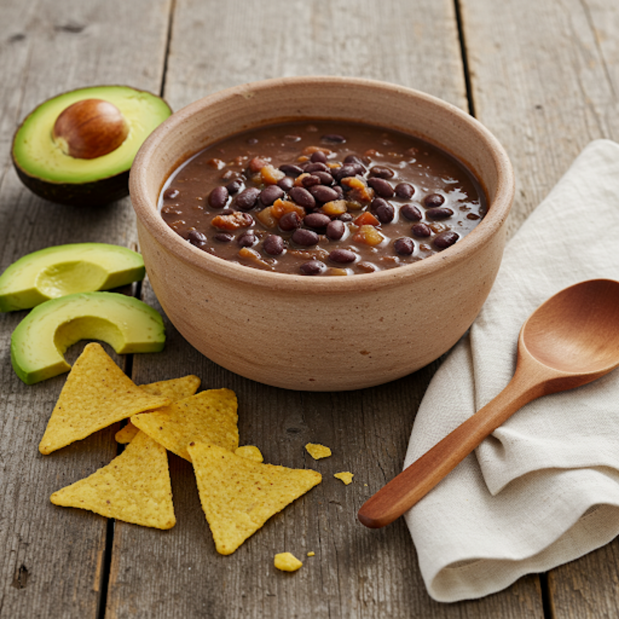 Bowl of espresso-infused black bean soup served with nachos and avocado