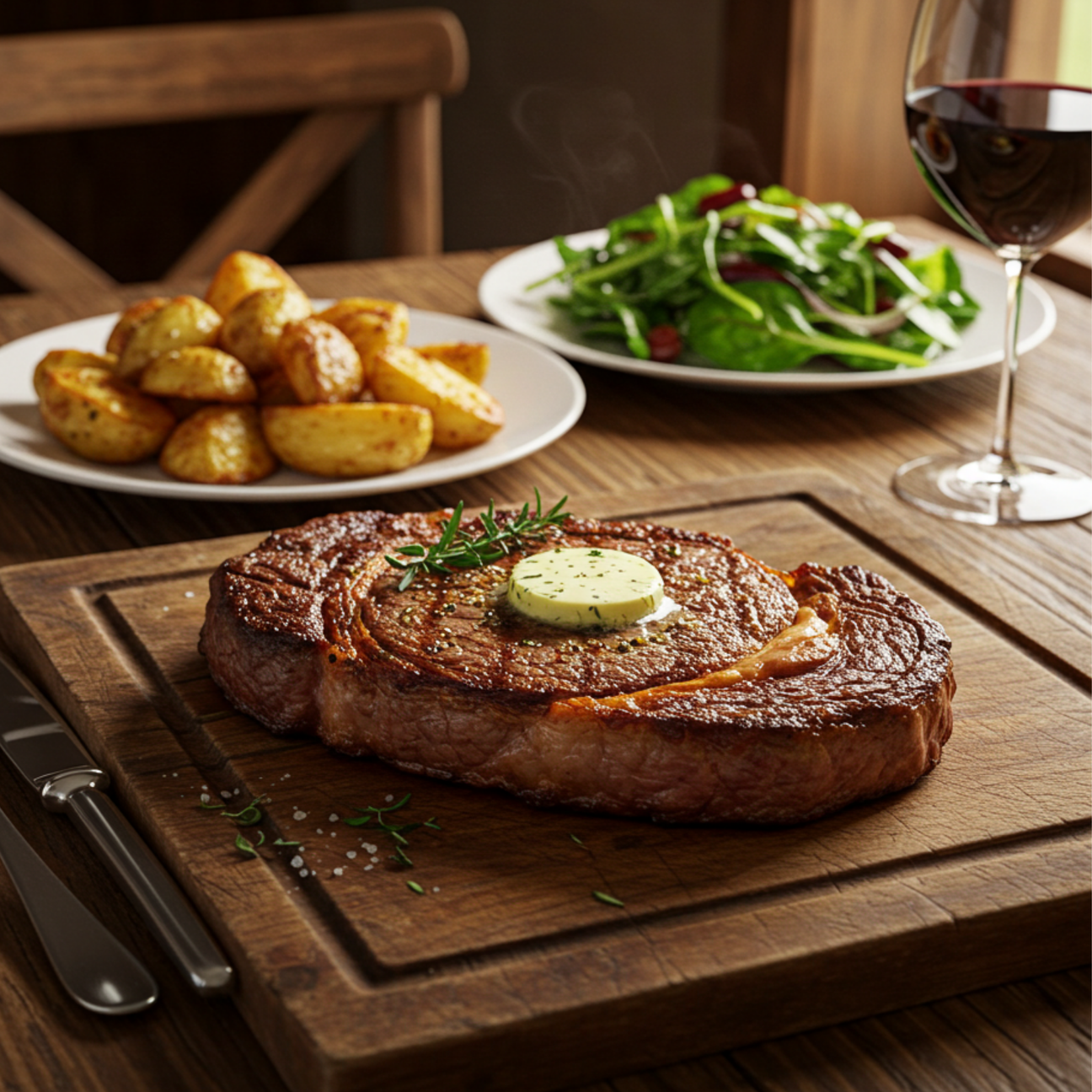 Plate of coffee-rubbed steak with potatoes and veggies and a glass of red wine.