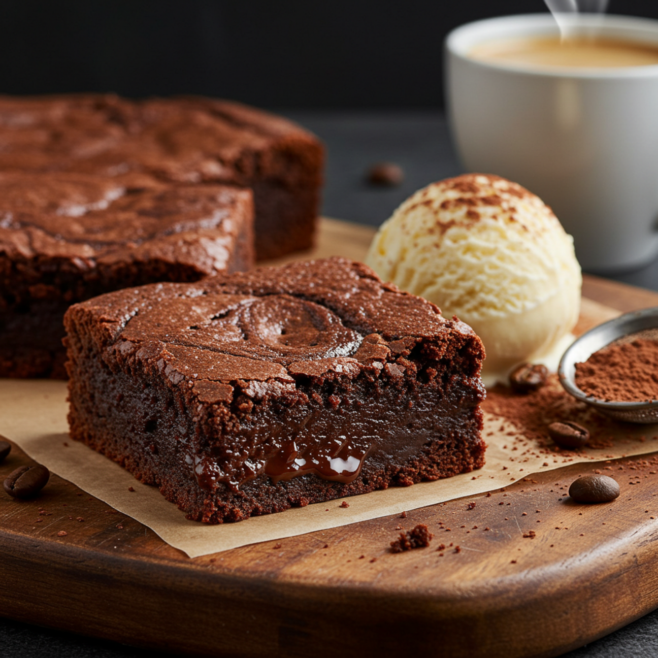 Mocha brownies infused with quality coffee served with vanilla ice cream and coffee