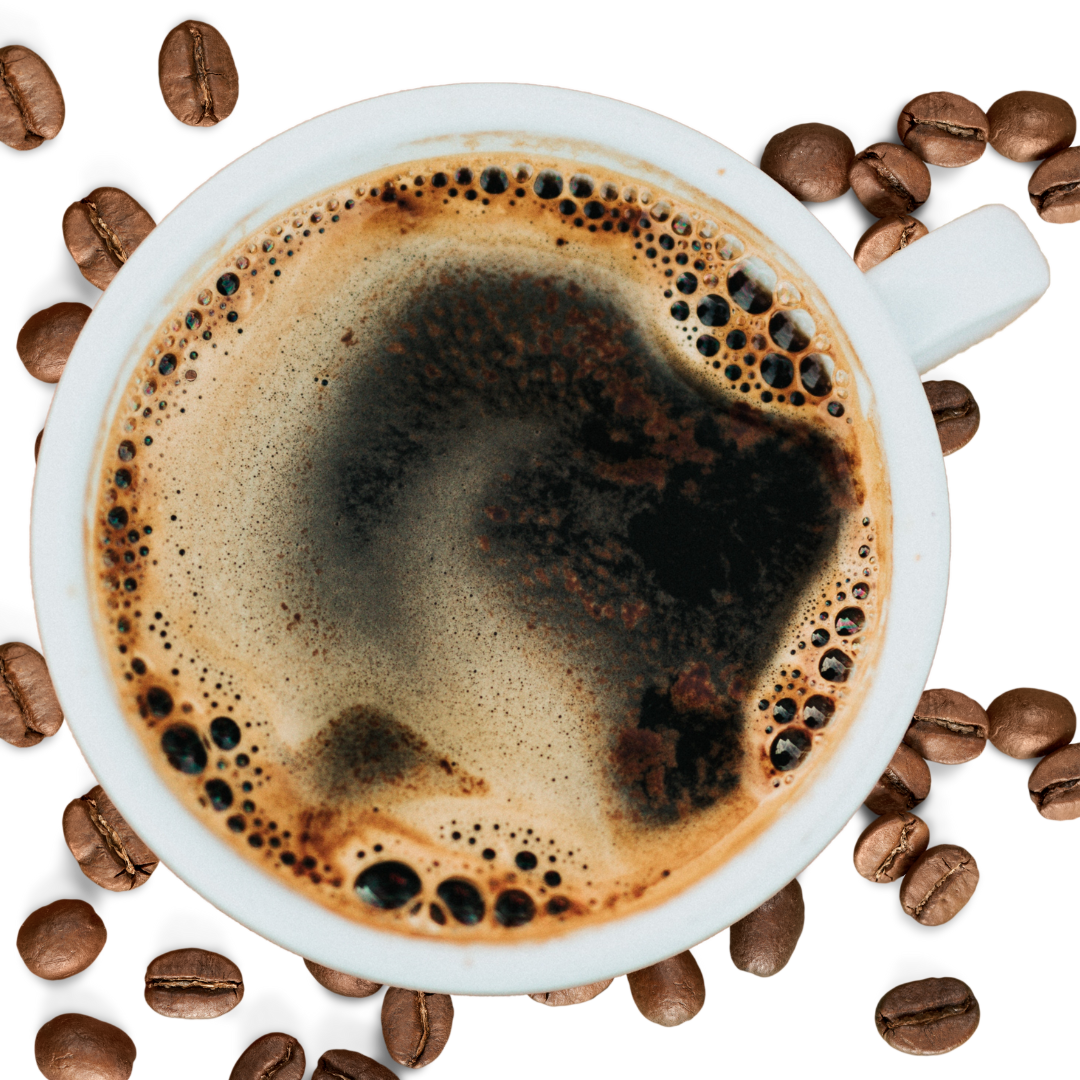 A photo of a cup of premium black coffee with coffee beans in the background