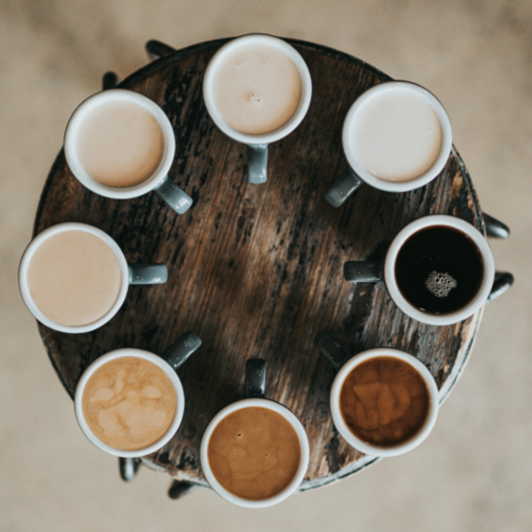 Eight cups of quality coffee brewed in various ways for a coffee tasting