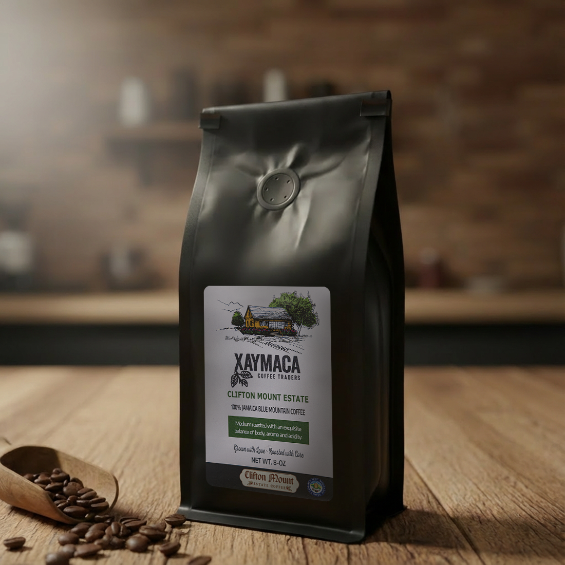 Coffee bag with Xaymaca label on a wooden surface with coffee beans