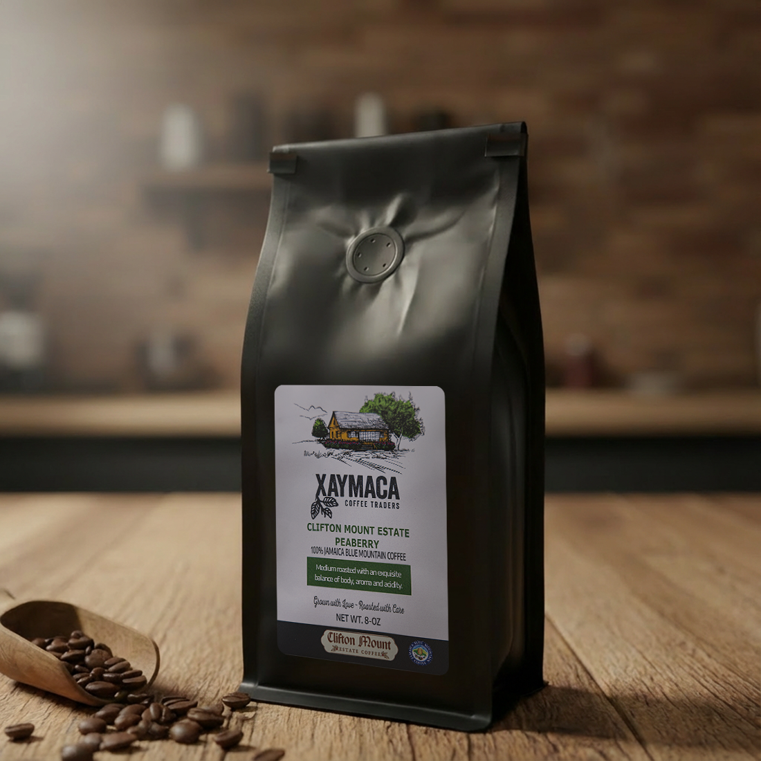 Xaymaca Coffee bag on a wooden surface with coffee beans