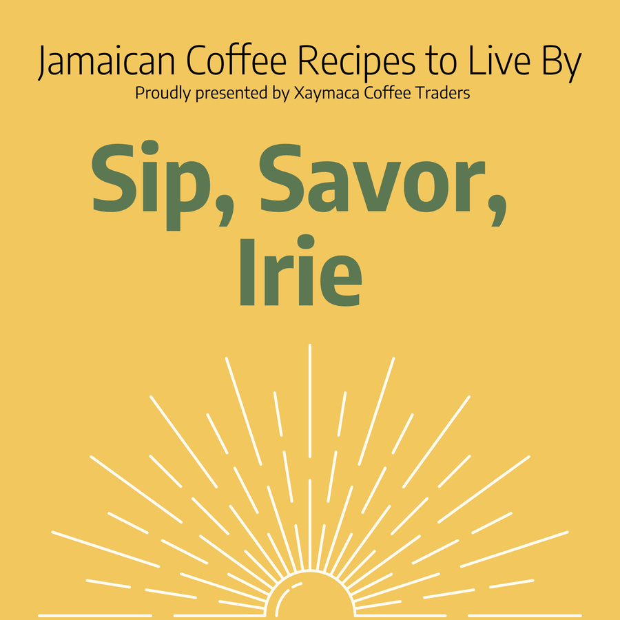 Book cover of 'Jamaican Coffee Recipes to Live By' by Xaymaca Coffee Traders with a yellow background and green text.
