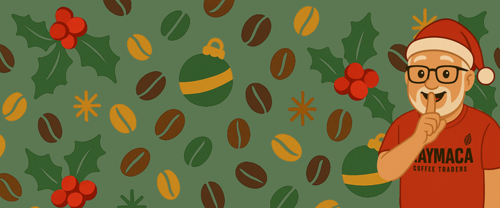 Illustration of a person wearing a Santa hat and a red shirt with 'Barbados Coffee Trading' on a green background with Christmas elements.
